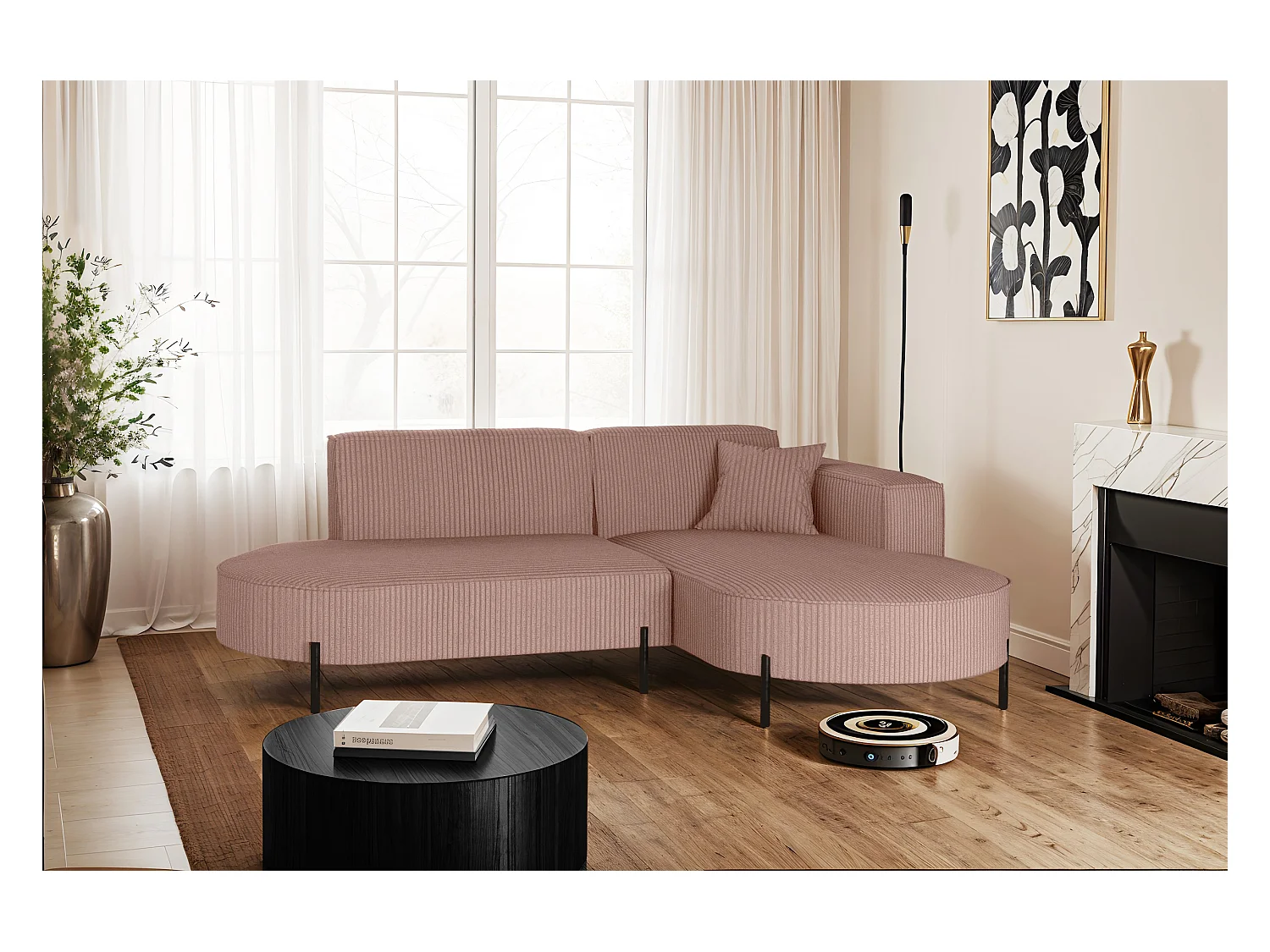 Ecksofa, Sofa L-Form Designer Modena Rein stoff Poso Rosa Rechts