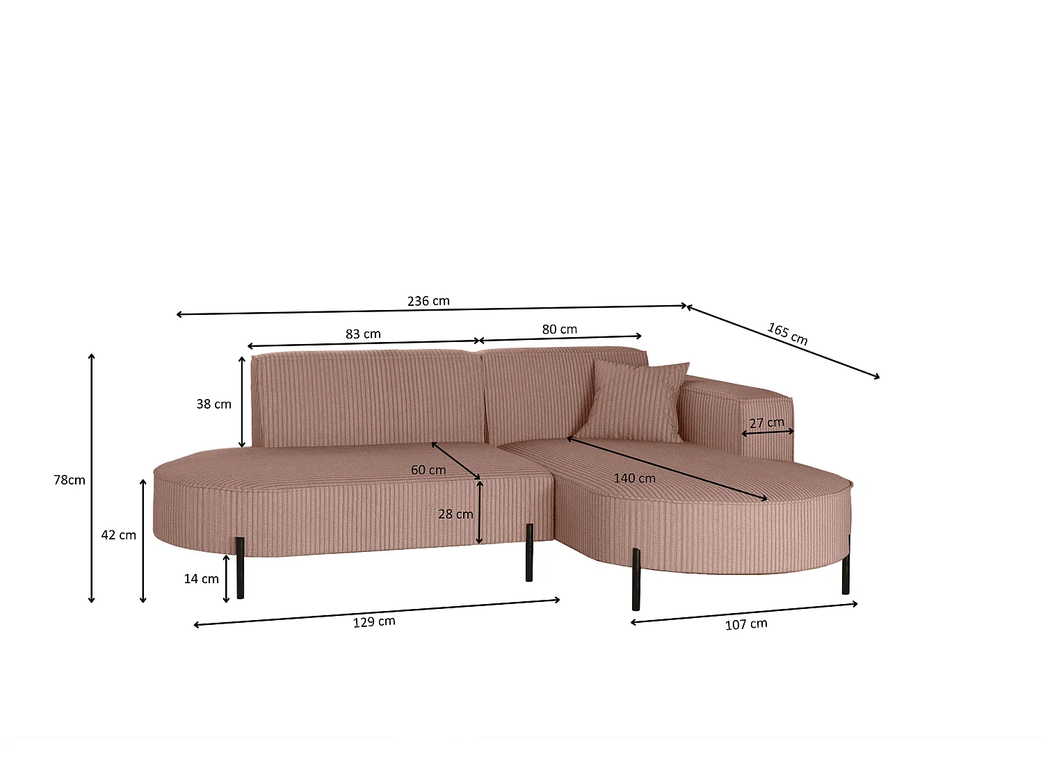 Canapé d'angle, canapé en L, designer Modena, tissu pur, Poso Rosa, droite