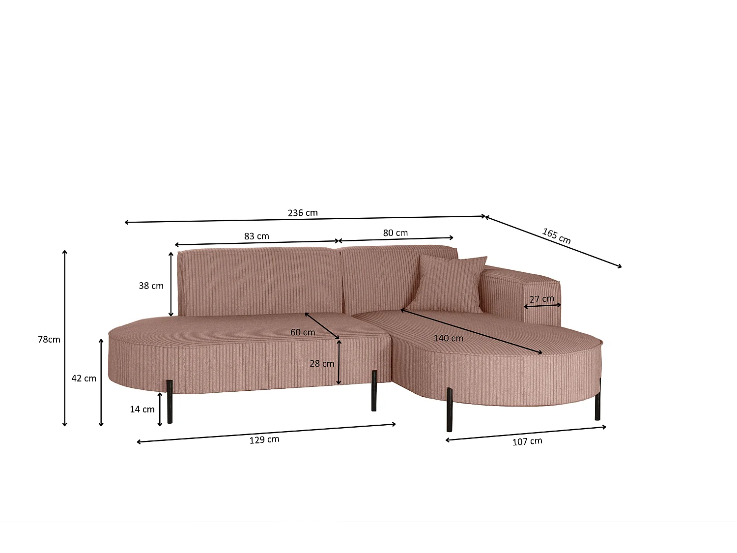 Canapé d'angle, canapé en L, designer Modena, tissu pur, Poso Rosa, droite