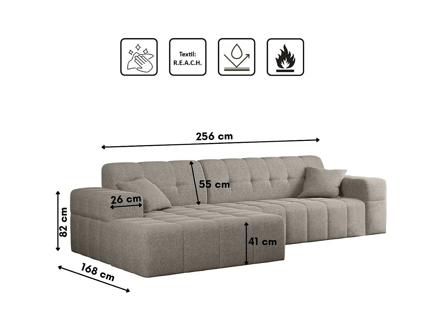 Ecksofa Eckouch Wohnzimmer NIMES Stoff Verita Warmbeige Links