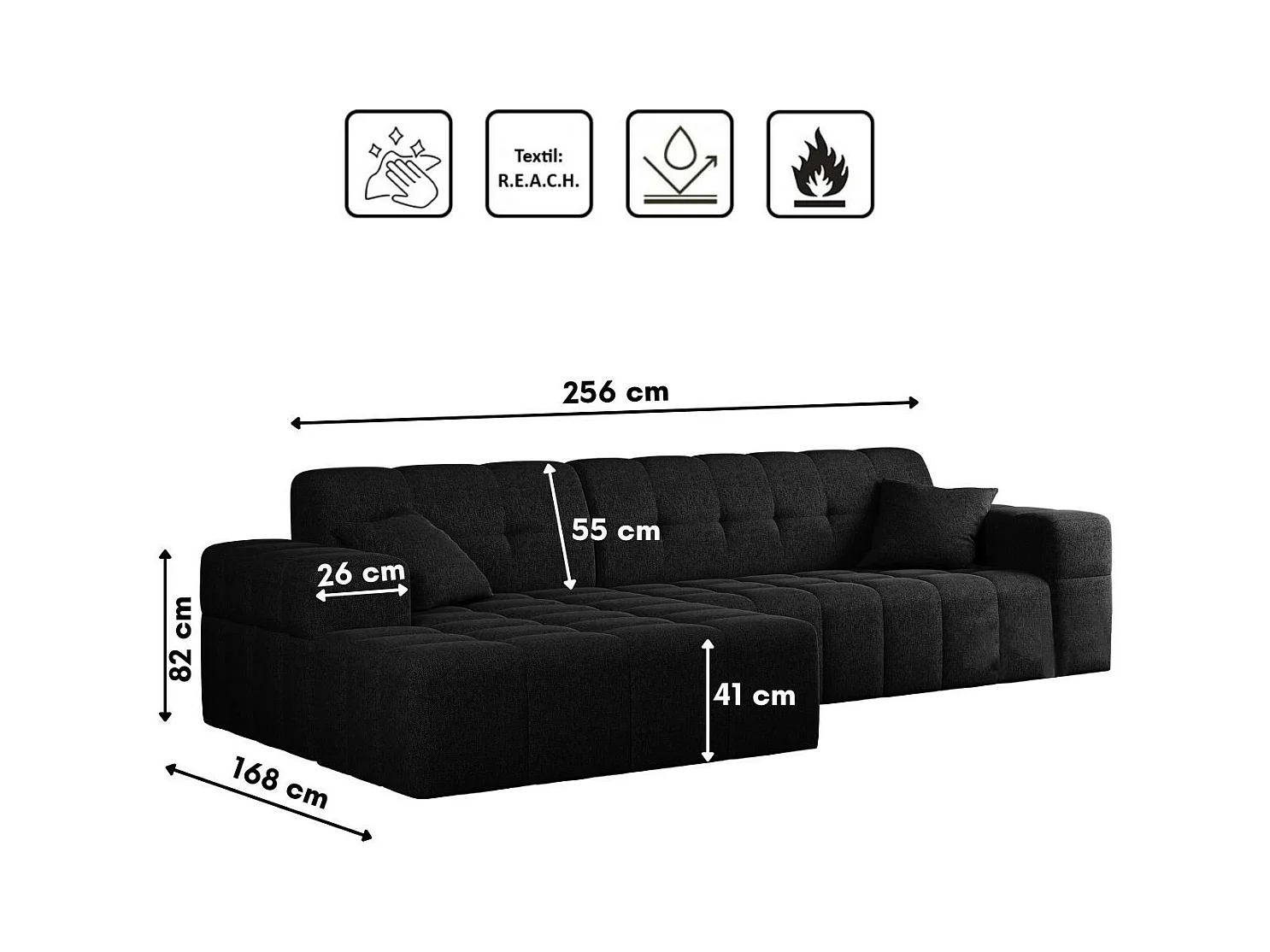Ecksofa Eckouch Wohnzimmer NIMES Stoff Verita Schwarz Links