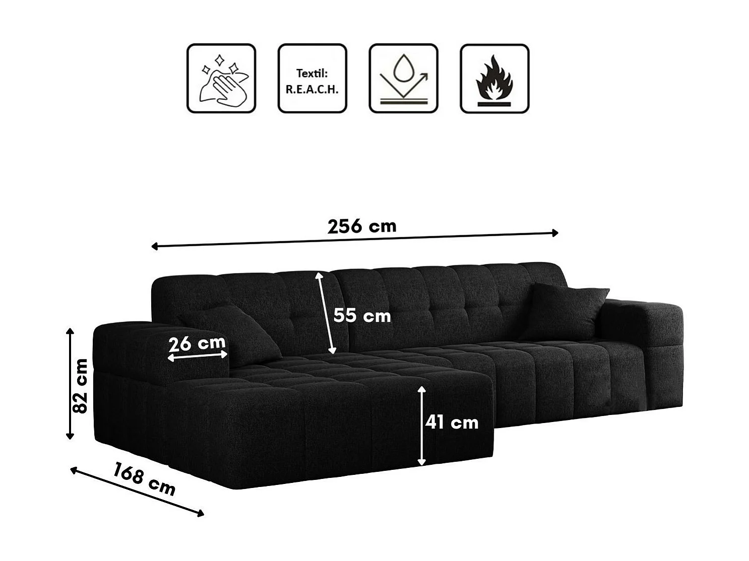 Ecksofa Eckouch Wohnzimmer NIMES Stoff Verita Schwarz Links