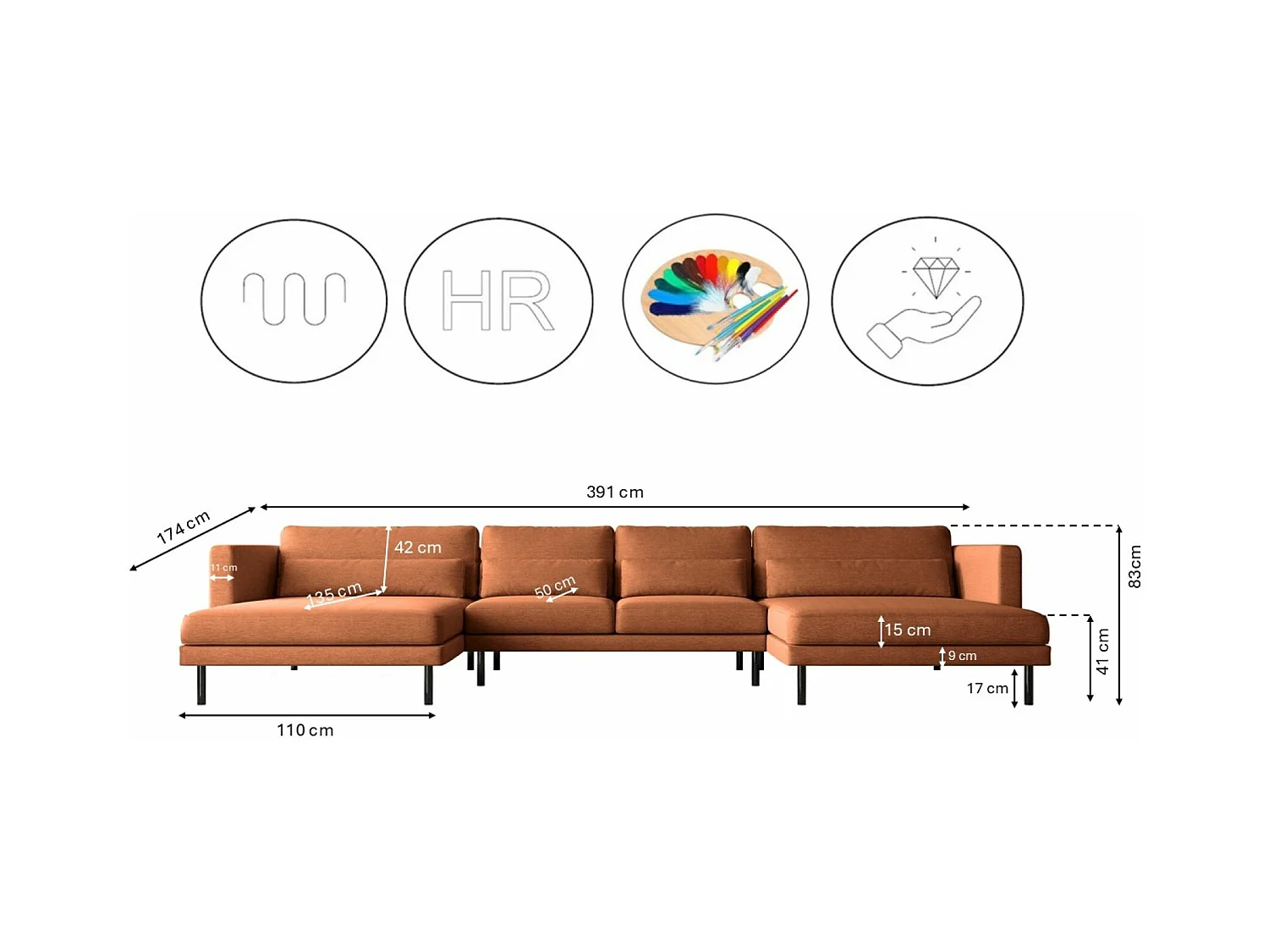 Canapé d'angle DANI en tissu en forme de U Verita Copper