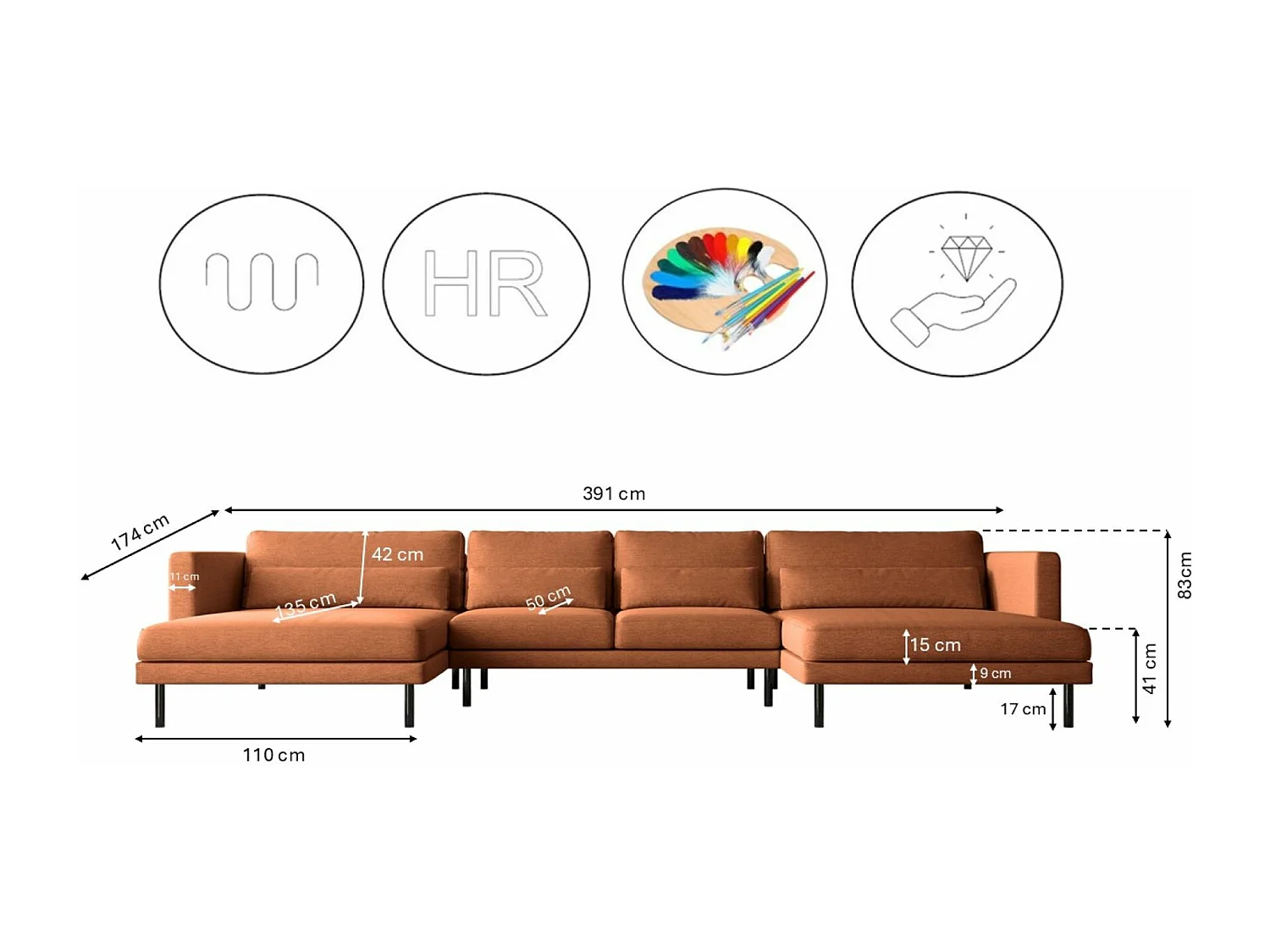 Canapé d'angle DANI en tissu en forme de U Verita Copper