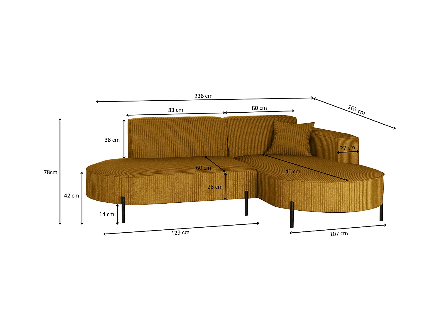 Canapé d'angle, canapé en L design Modena tissu pur Poso couleur moutarde droite