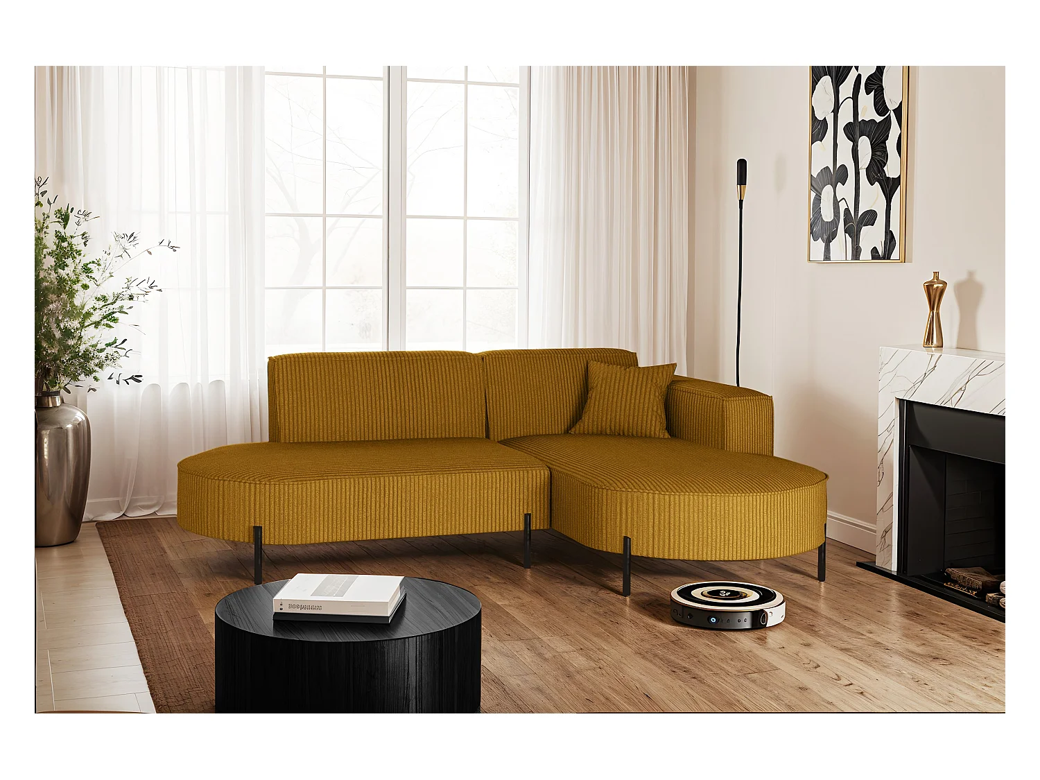 Ecksofa, Sofa L-Form Designer Modena Rein stoff Poso Senffarbe Rechts