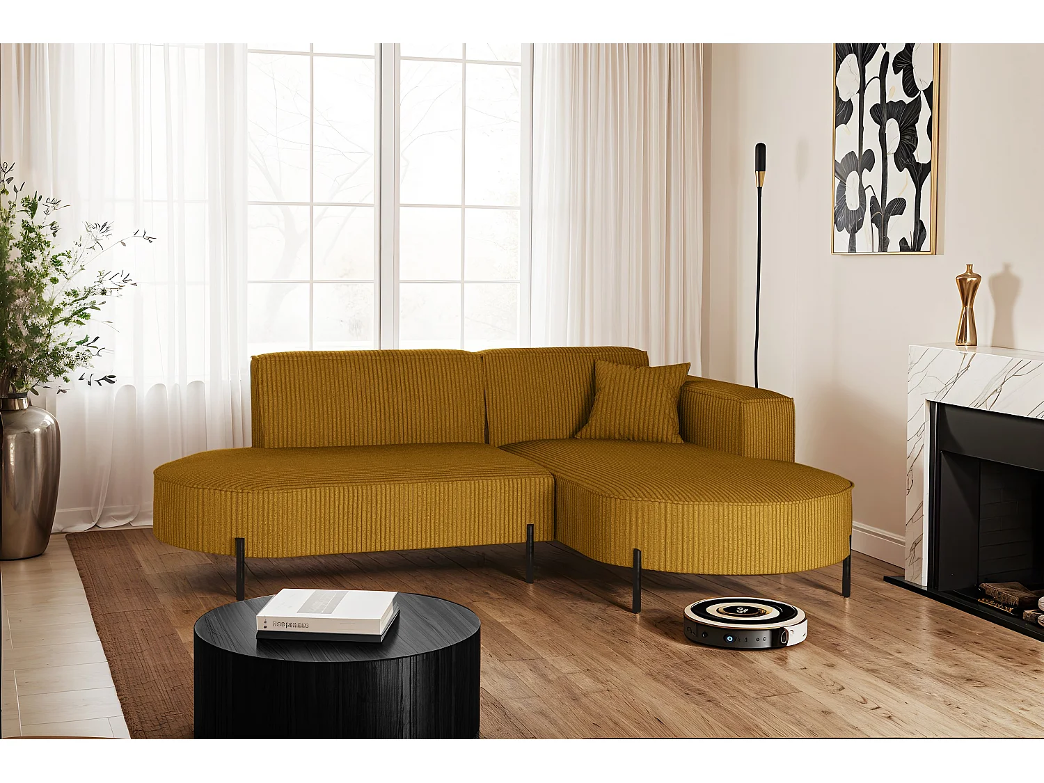 Canapé d'angle, canapé en L design Modena tissu pur Poso couleur moutarde droite