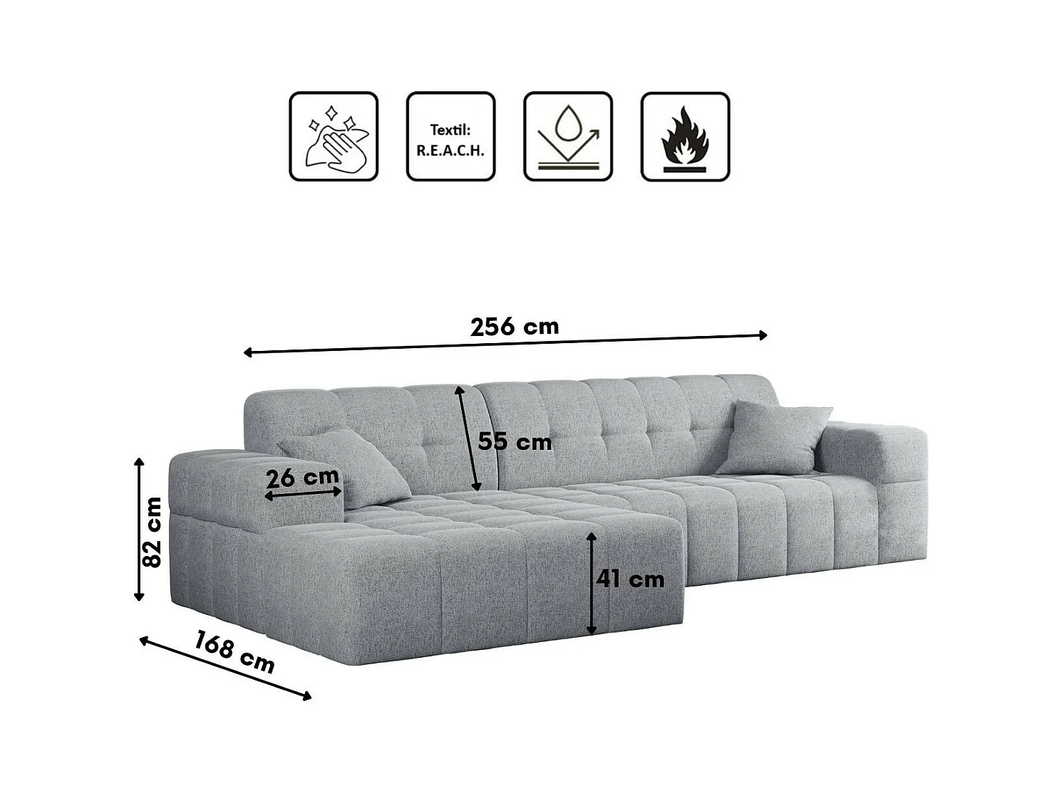 Ecksofa Eckouch Wohnzimmer NIMES Stoff Verita Grau Links