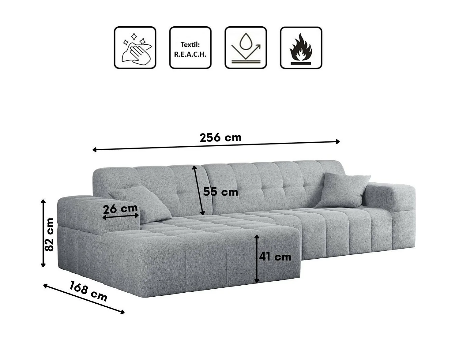 Ecksofa Eckouch Wohnzimmer NIMES Stoff Verita Grau Links