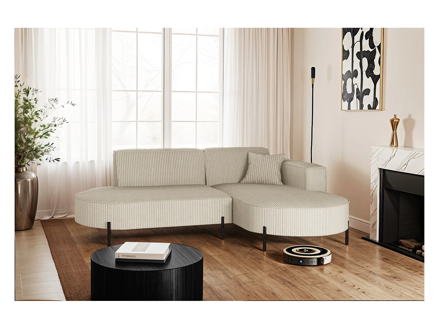 Canapé d'angle, canapé en L, design Modena, tissu pur, beige Poso, droite