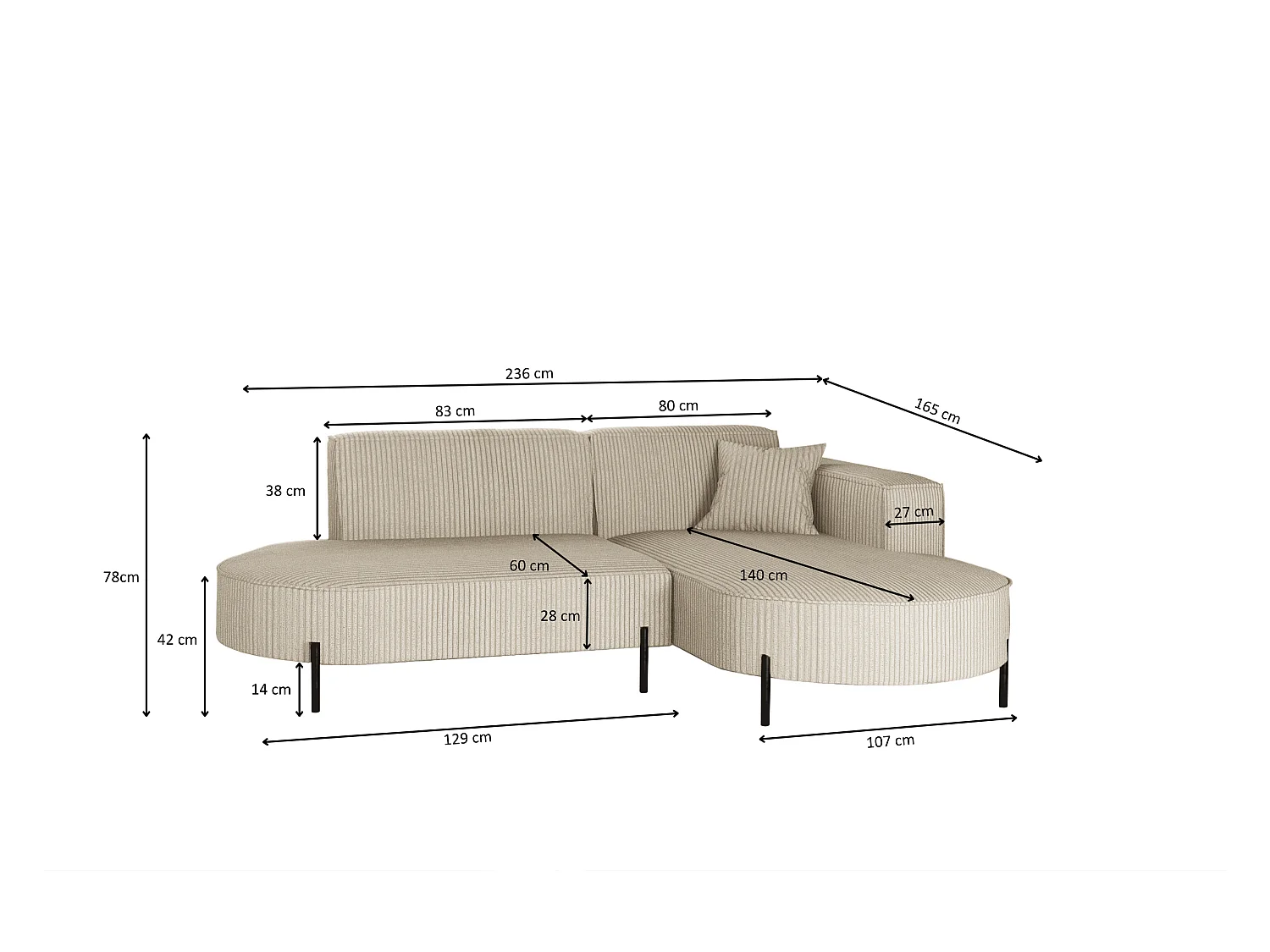 Canapé d'angle, canapé en L, design Modena, tissu pur, beige Poso, droite