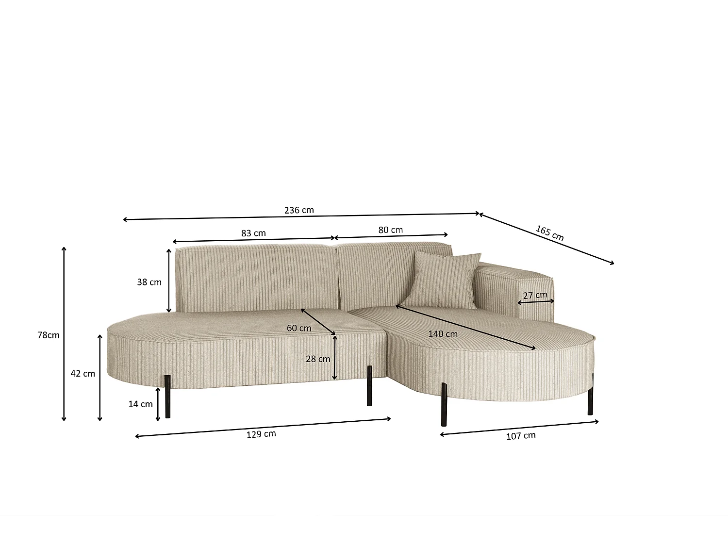 Canapé d'angle, canapé en L, design Modena, tissu pur, beige Poso, droite