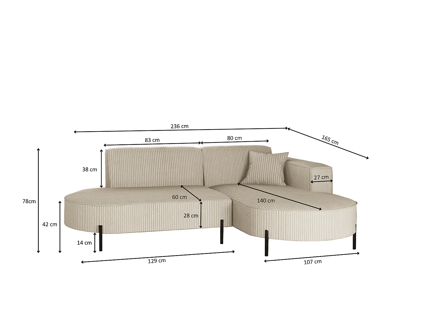 Canapé d'angle, canapé en L, design Modena, tissu pur, beige Poso, droite