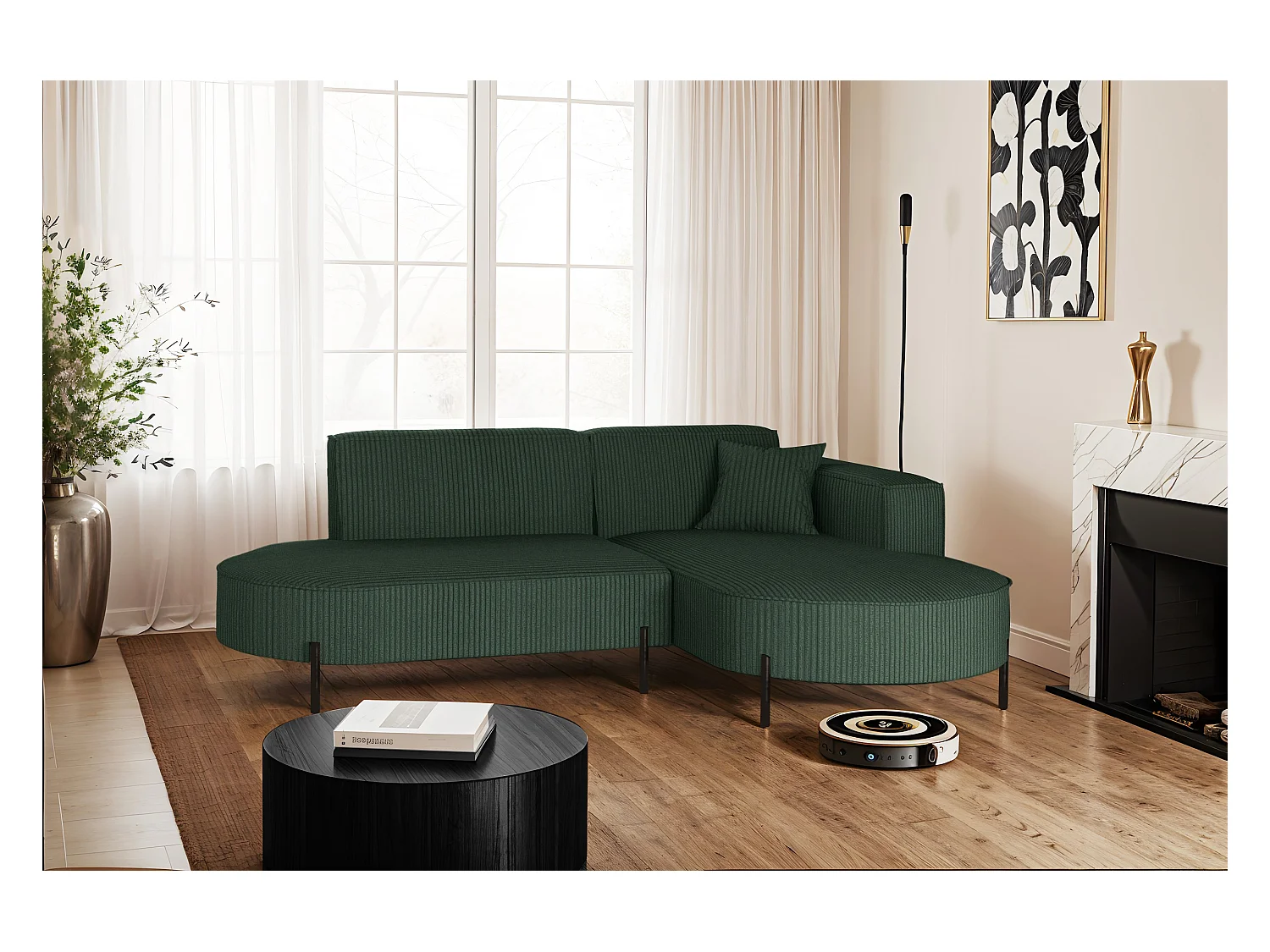 Ecksofa, Sofa L-Form Designer Modena Rein stoff Poso Grün Rechts