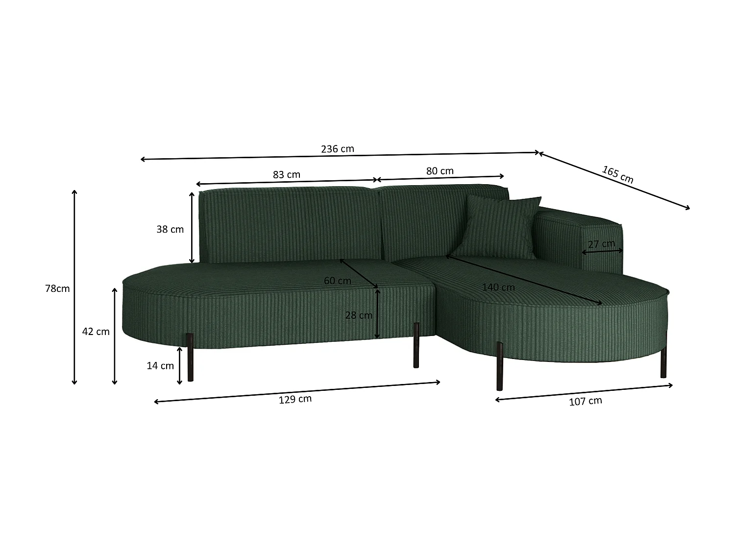 Canapé d'angle, canapé en L, design Modena, tissu pur, Poso Green, droite