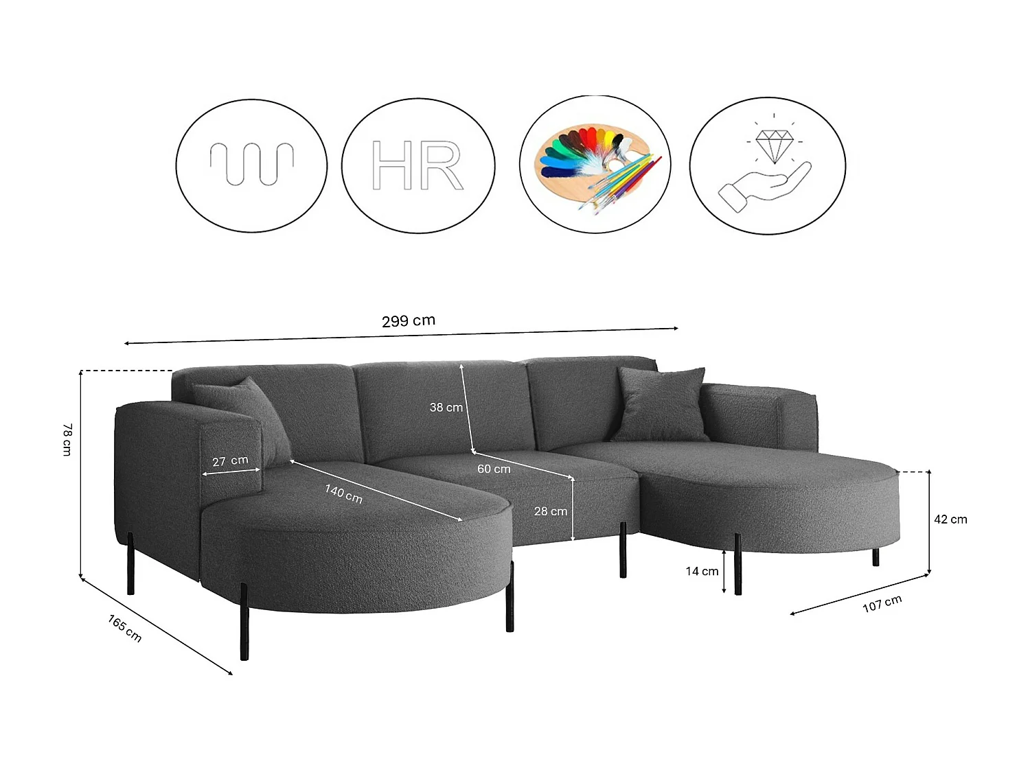 Canapé d'angle, Canapé Designer Modena U Pure tissu Source Graphite