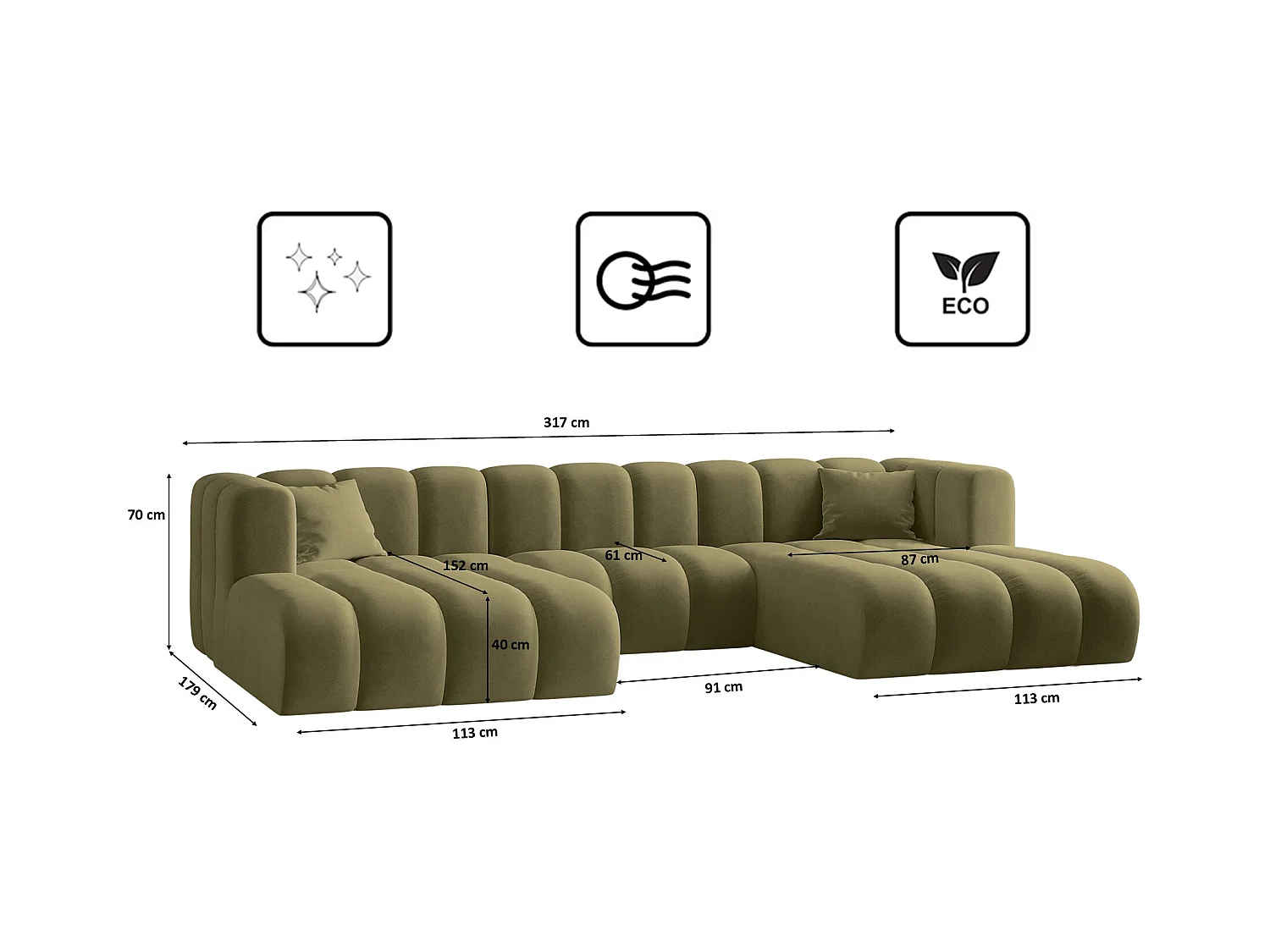 Canapé d'angle U-de Sofa Grand Modular en tissu Salvador Olive