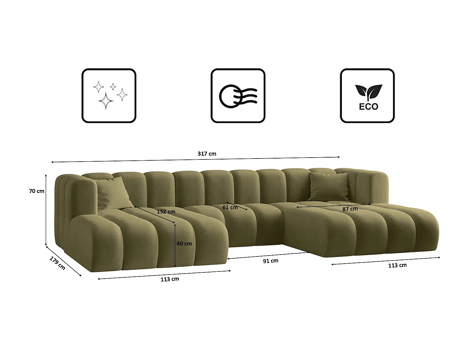 Canapé d'angle U-de Sofa Grand Modular en tissu Salvador Olive