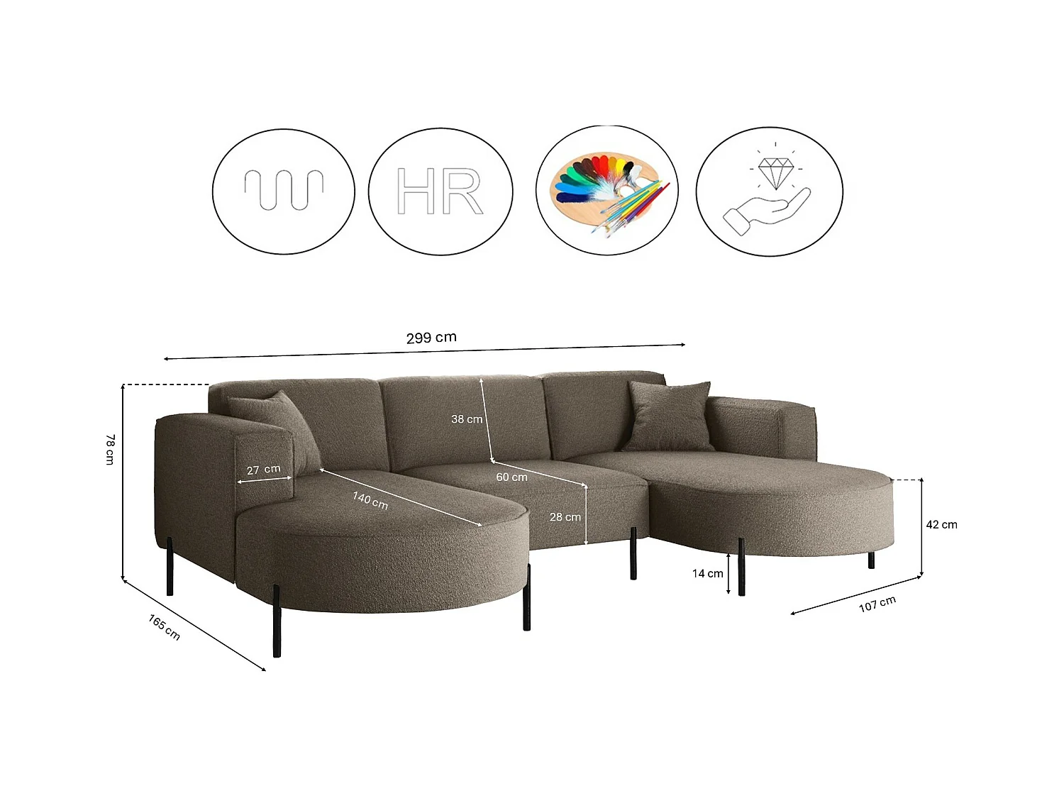 Canapé d'angle, Canapé Designer Modena U Pure tissu Quelle Marron