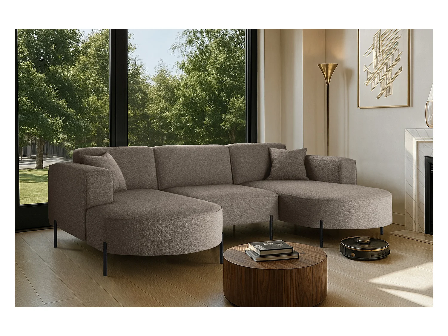 Ecksofa, Sofa Designer Modena U Rein stoff Quelle Braun