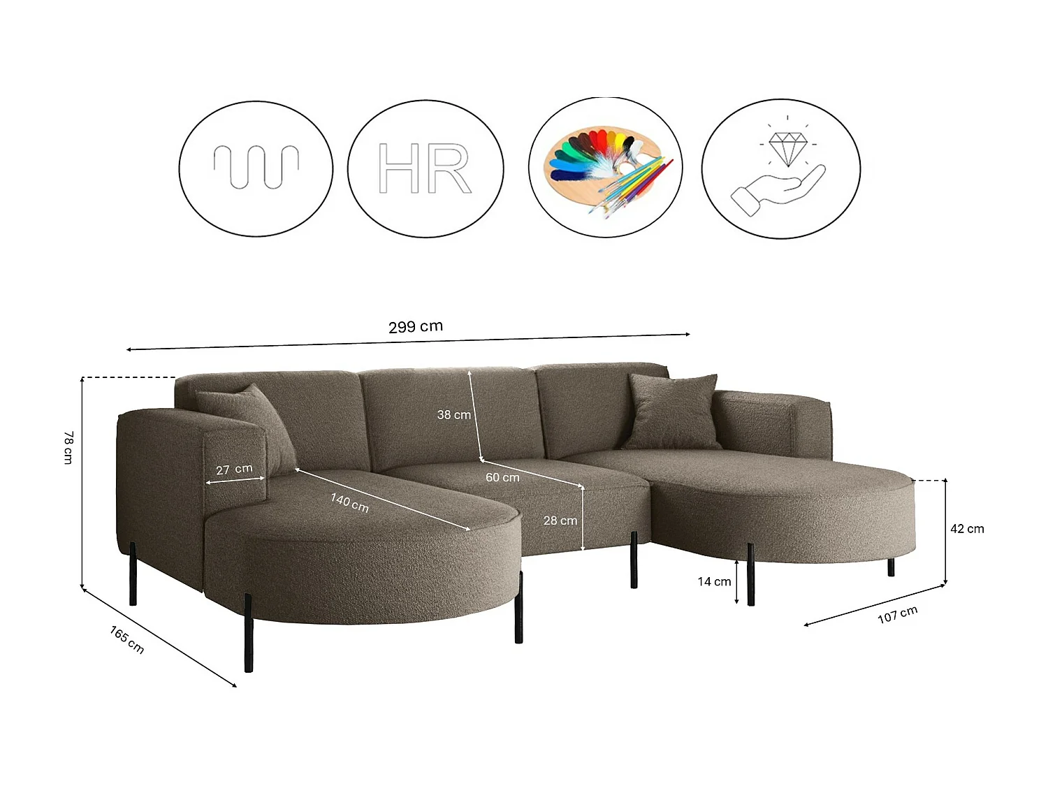 Canapé d'angle, Canapé Designer Modena U Pure tissu Quelle Marron