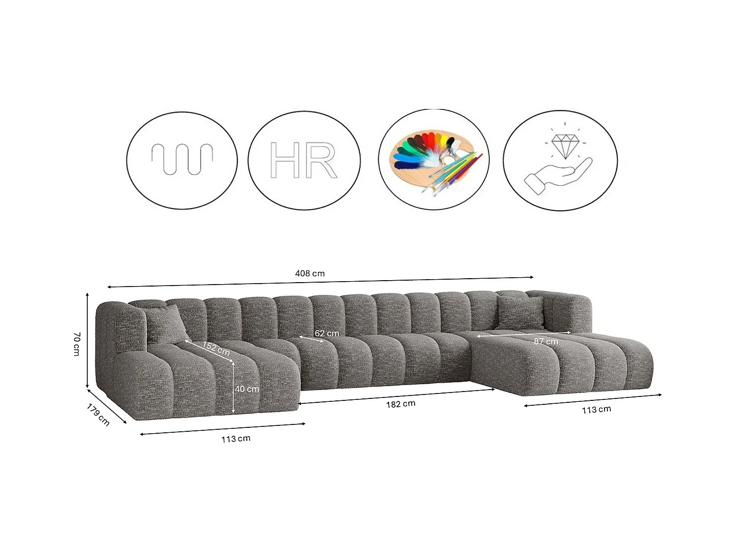 Ecksofa, U-form Sofa Grand U XL  modular stoff Haga Grau