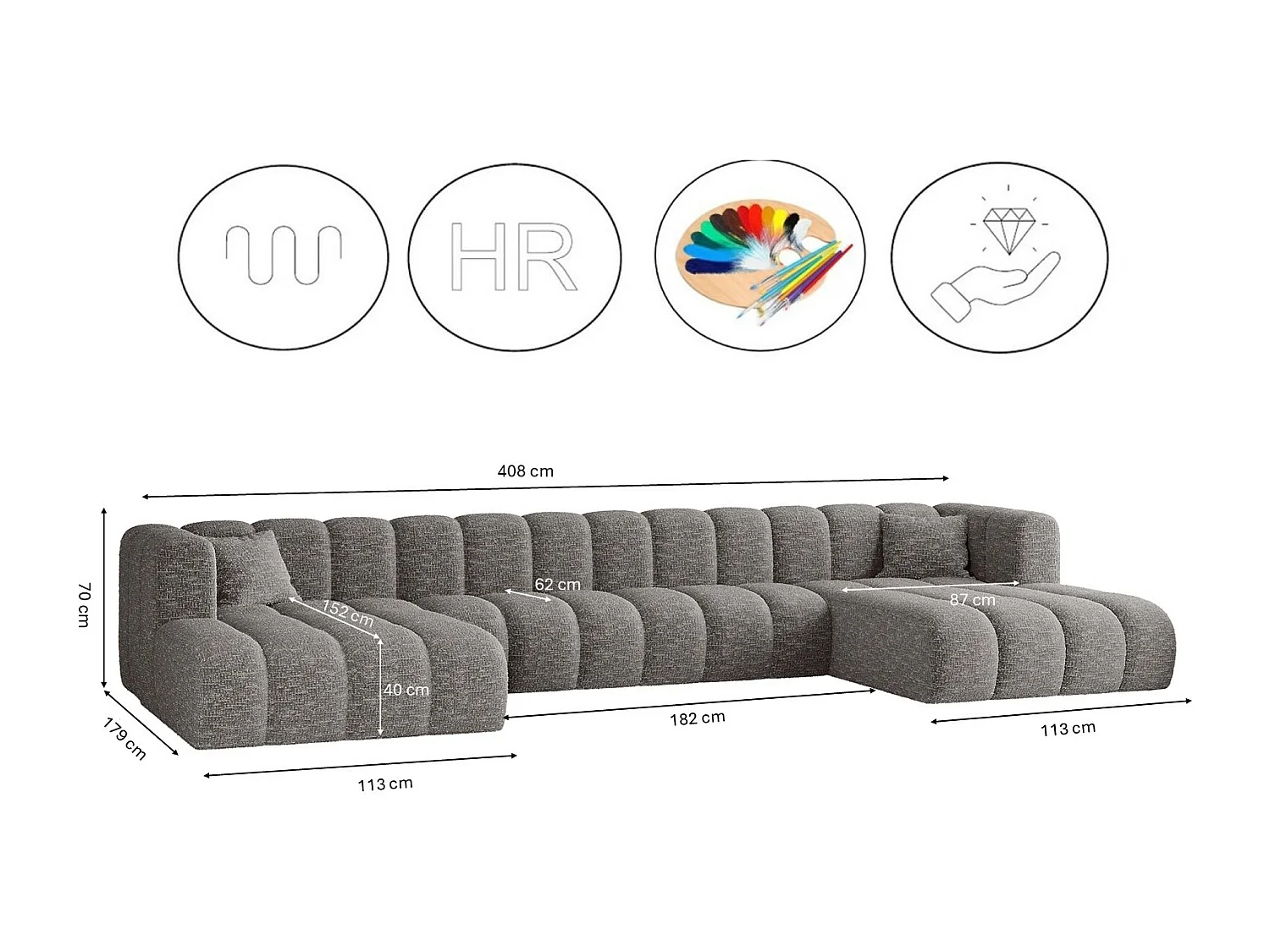 Ecksofa, U-form Sofa Grand U XL  modular stoff Haga Grau