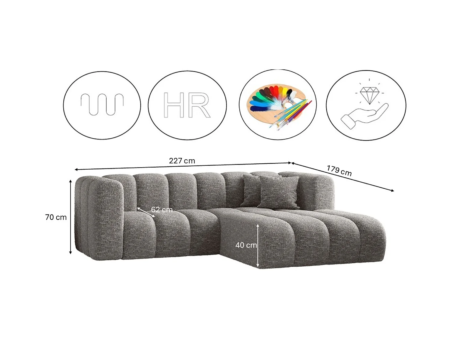 Canapé d'angle, canapé en L Grand modulable tissu Haga Gris Droite