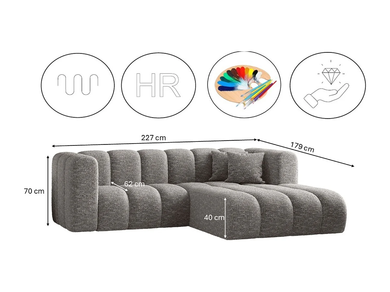 Canapé d'angle, canapé en L Grand modulable tissu Haga Gris Droite