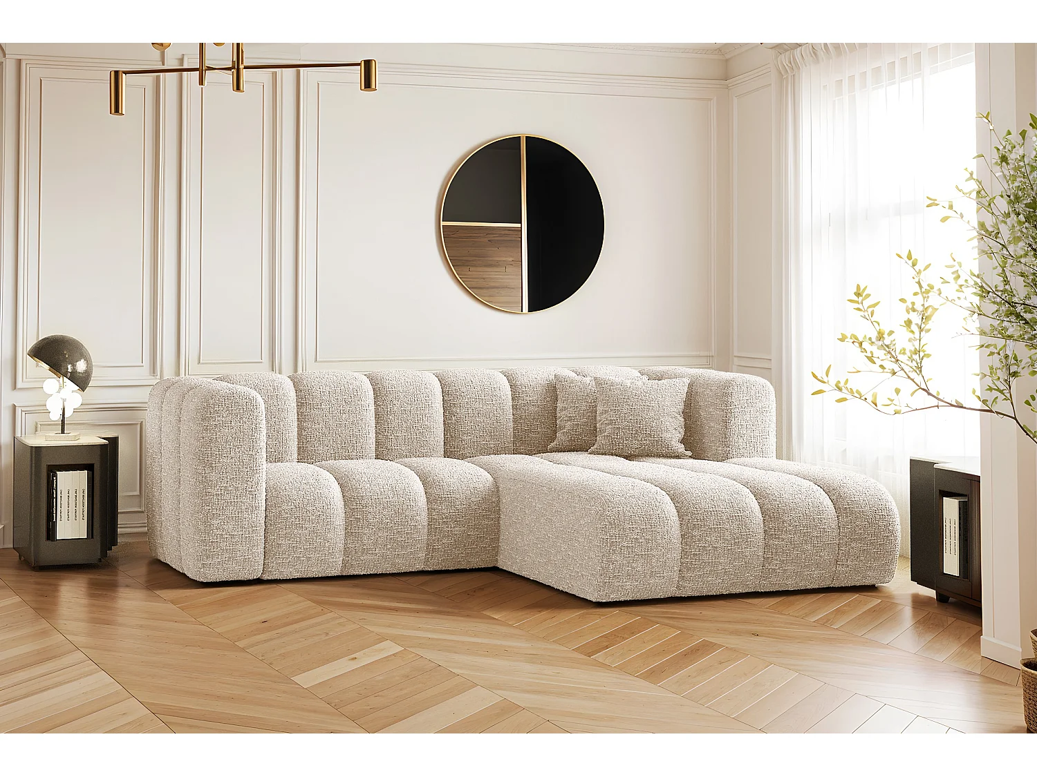 Canapé d'angle, canapé en L Grand modulable tissu Haga Ecru Droit