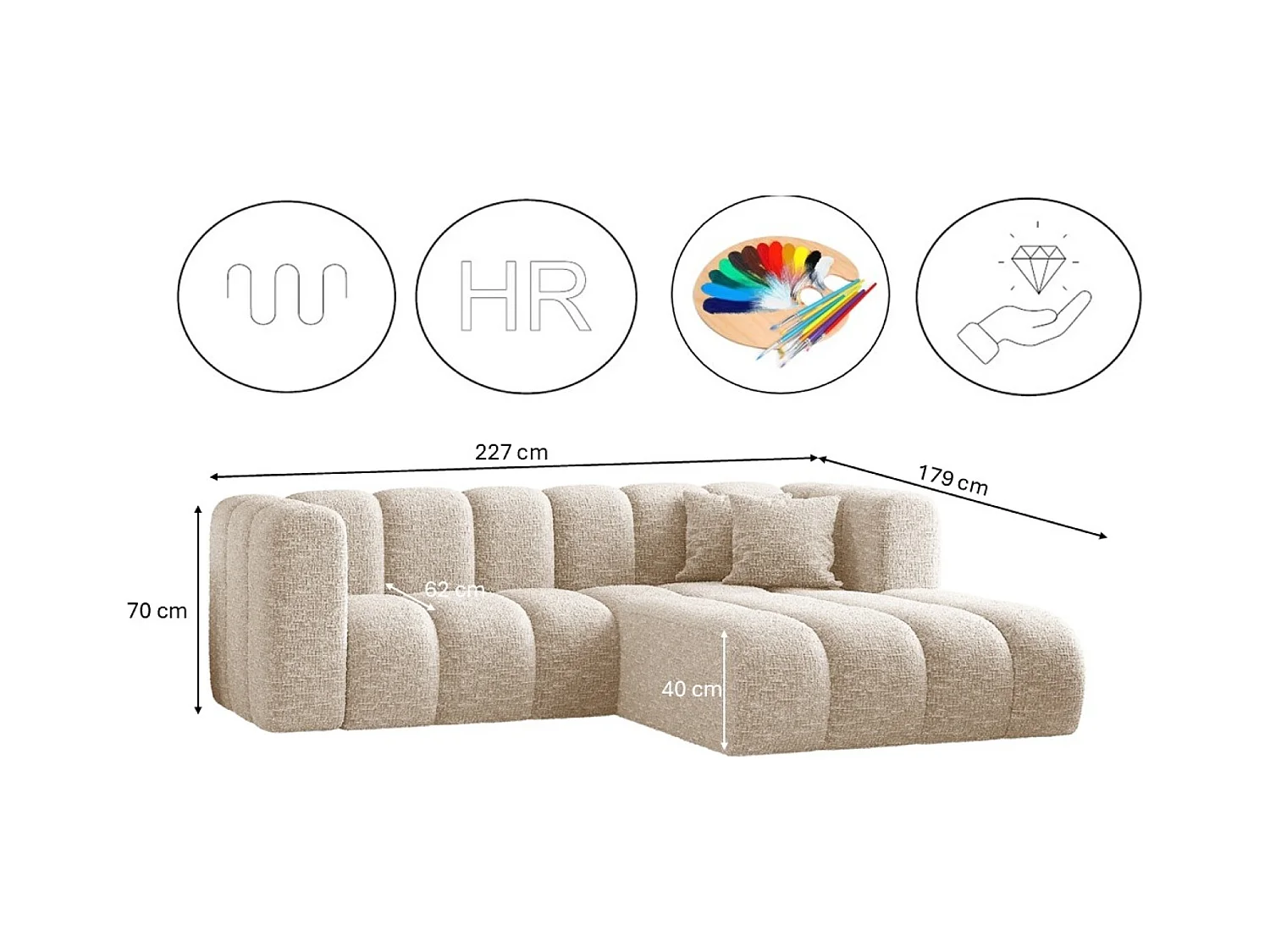 Canapé d'angle, canapé en L Grand modulable tissu Haga Ecru Droit