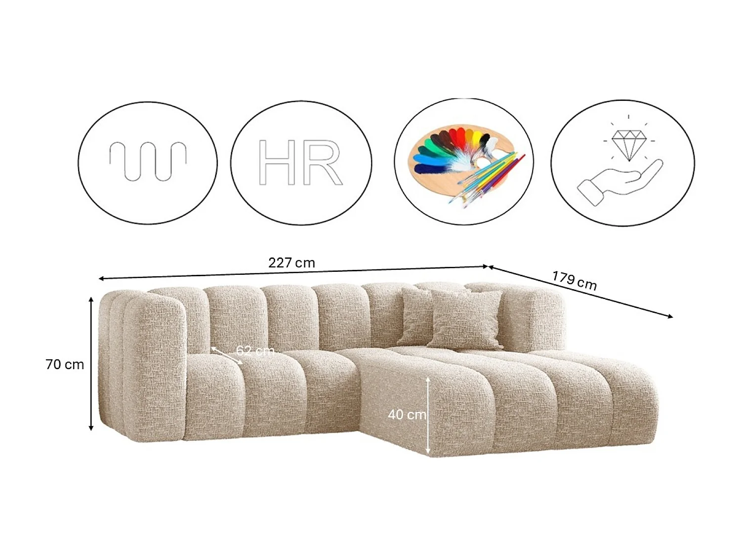 Canapé d'angle, canapé en L Grand modulable tissu Haga Ecru Droit