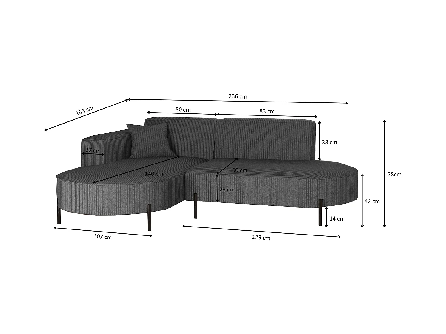 Canapé d'angle, Canapé L-Form Designer Modena Pure tissu Poso Graphite Gauche