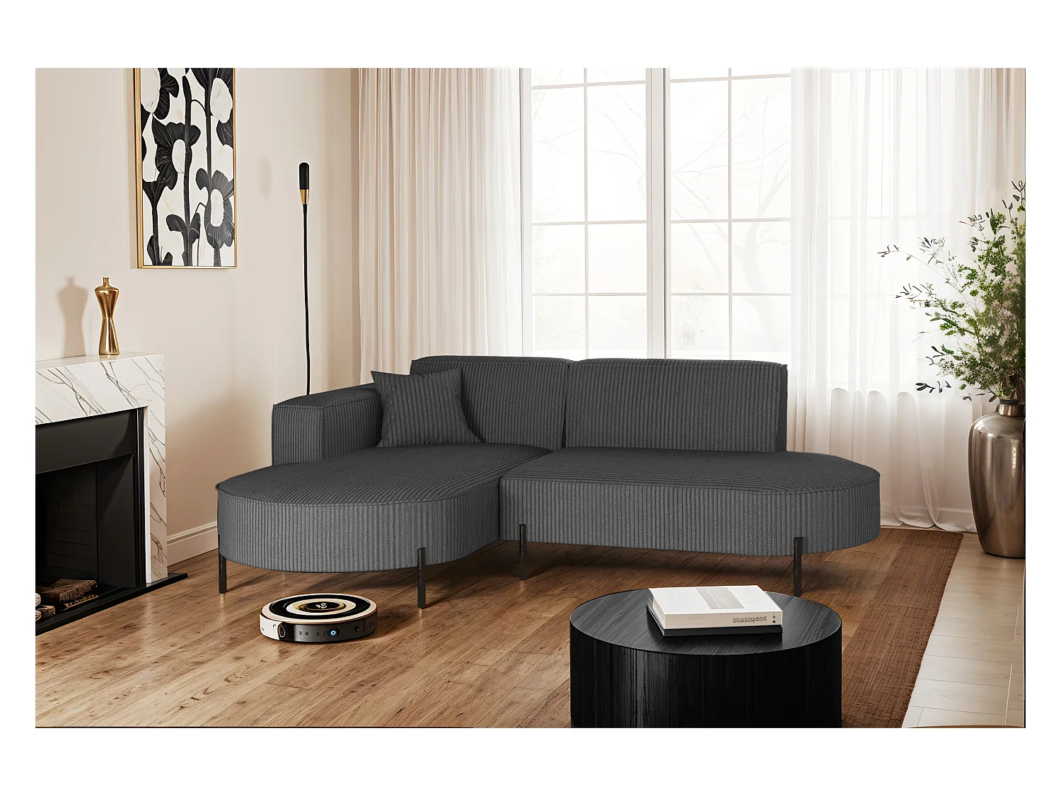 Ecksofa, Sofa L-Form Designer Modena Rein stoff Poso Graphit Links