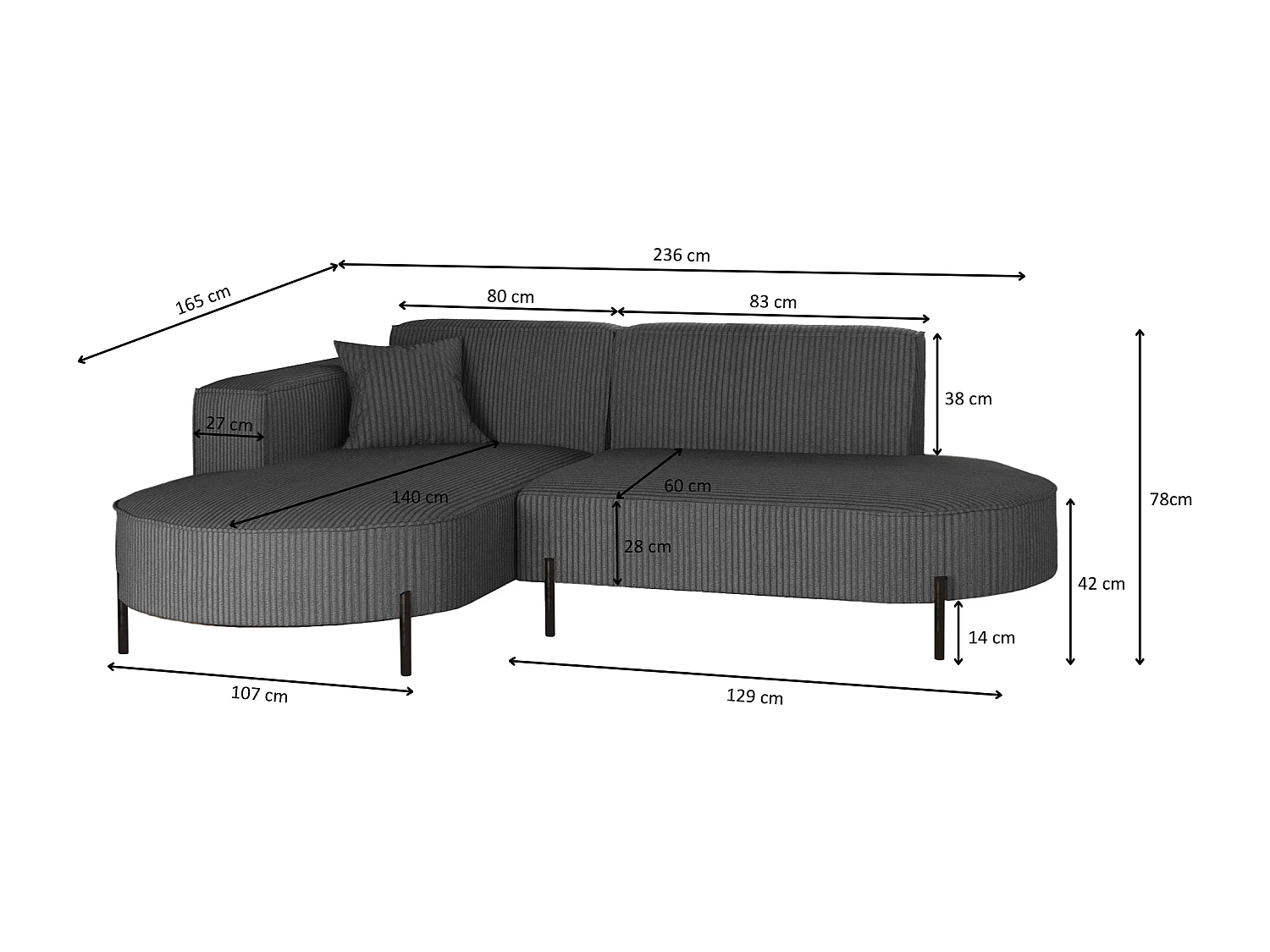 Canapé d'angle, Canapé L-Form Designer Modena Pure tissu Poso Graphite Gauche