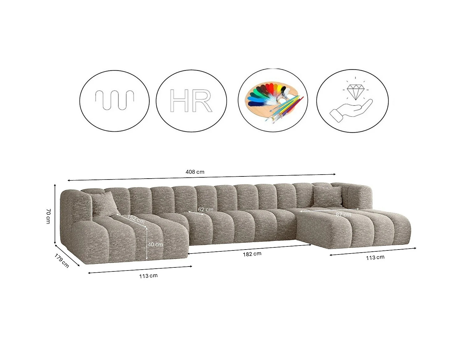 Ecksofa, U-form Sofa Grand U XL  modular stoff Haga Hellgrau