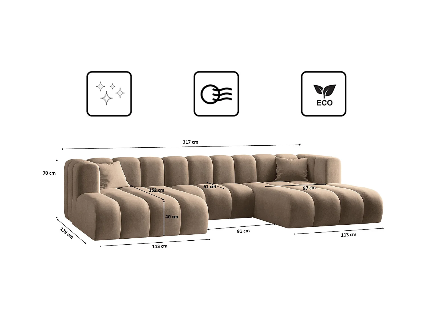Canapé d'angle U-de Sofa Grand Modular tissu Salvador beige foncé