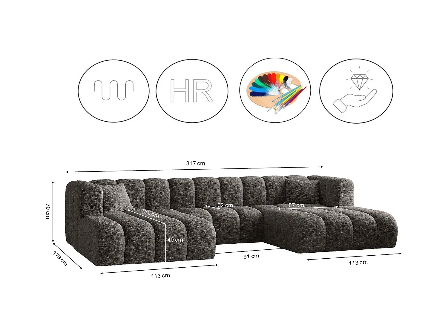 Ecksofa, U-form Sofa Grand modular stoff Haga Graphit