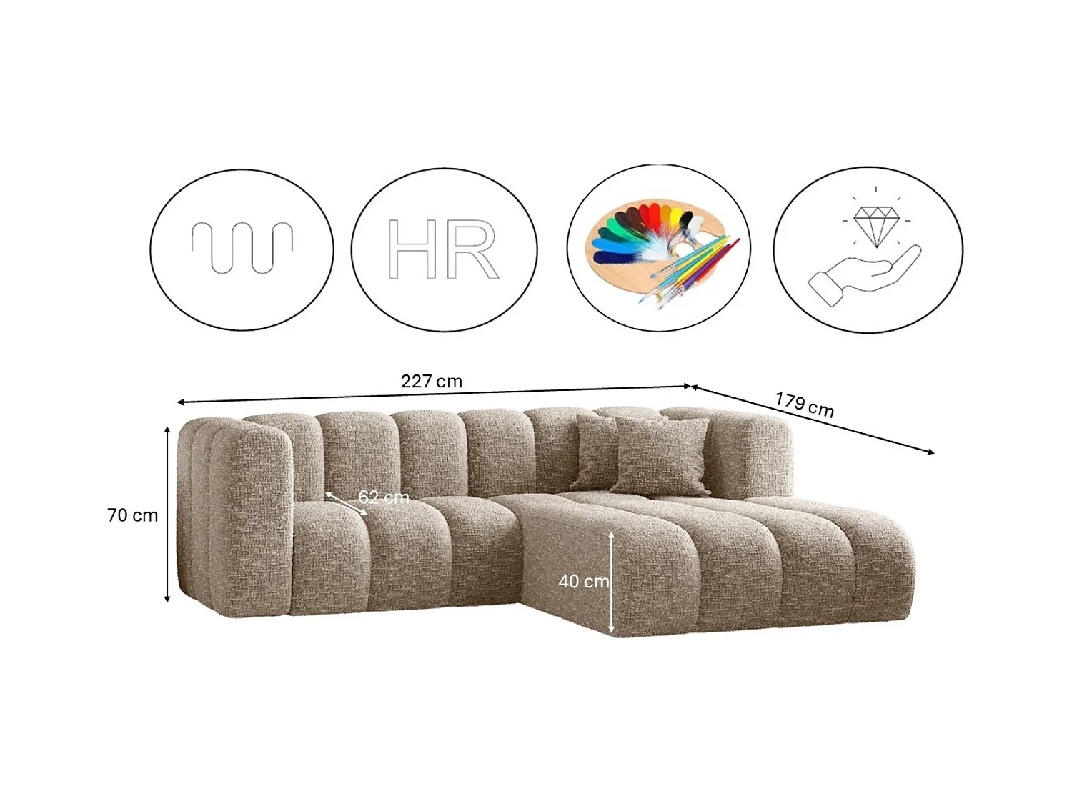 Canapé d'angle, canapé en L Grand modulable tissu Haga Beige Droite