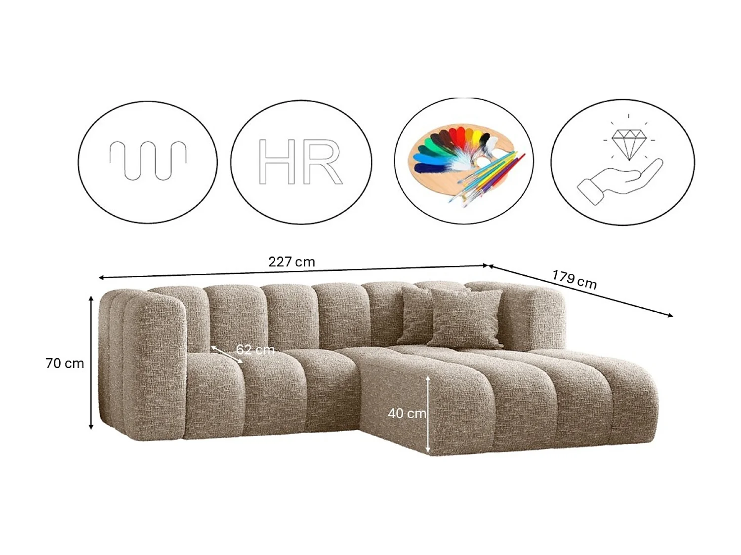 Canapé d'angle, canapé en L Grand modulable tissu Haga Beige Droite