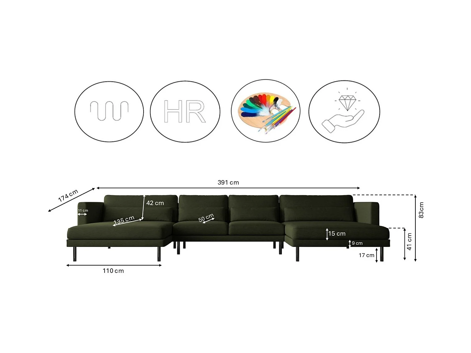 Canapé d'angle DANI en tissu U Verita vert foncé