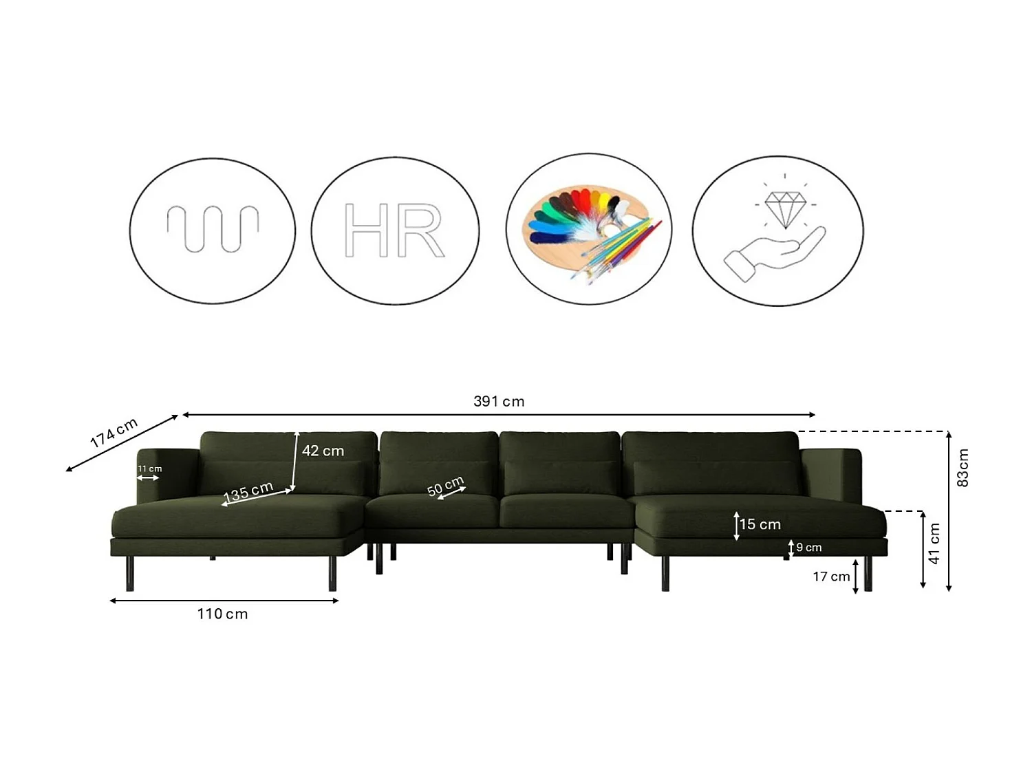 Canapé d'angle DANI en tissu U Verita vert foncé