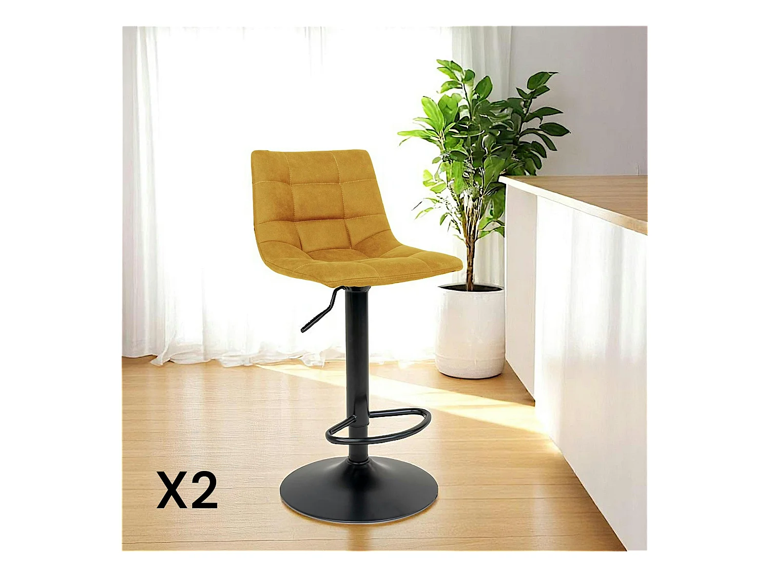 Tabouret de bar réglable en hauteur et pivotant, velours moutarde (lot de 2) SAVONE