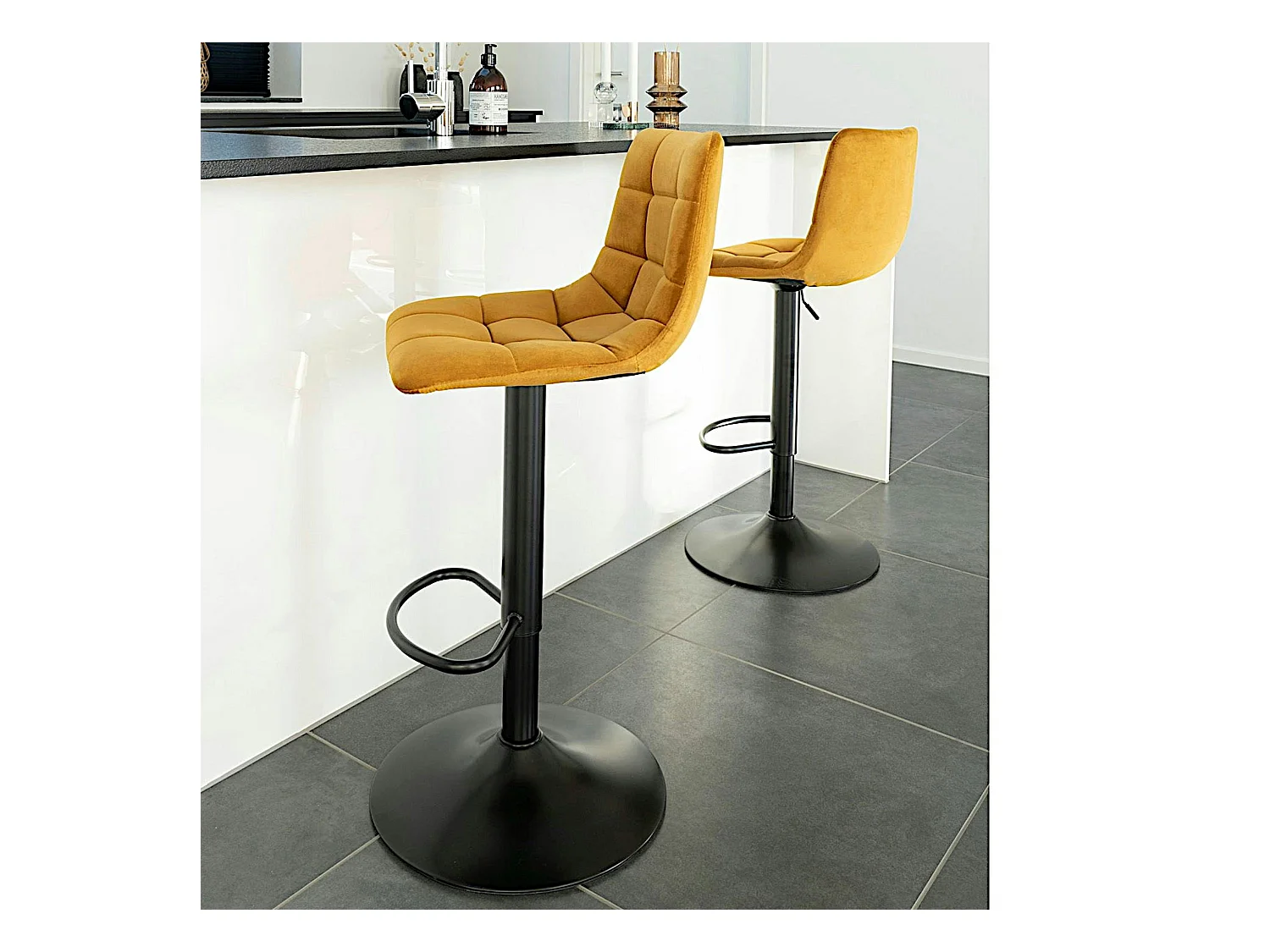 Tabouret de bar réglable en hauteur et pivotant, velours moutarde (lot de 2) SAVONE