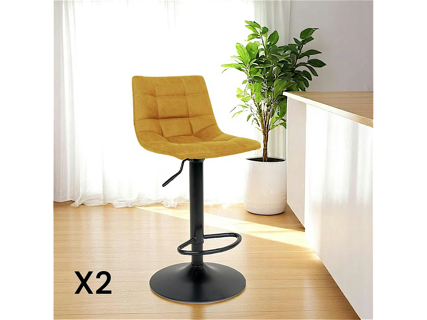 Tabouret de bar réglable en hauteur et pivotant, velours moutarde (lot de 2) SAVONE