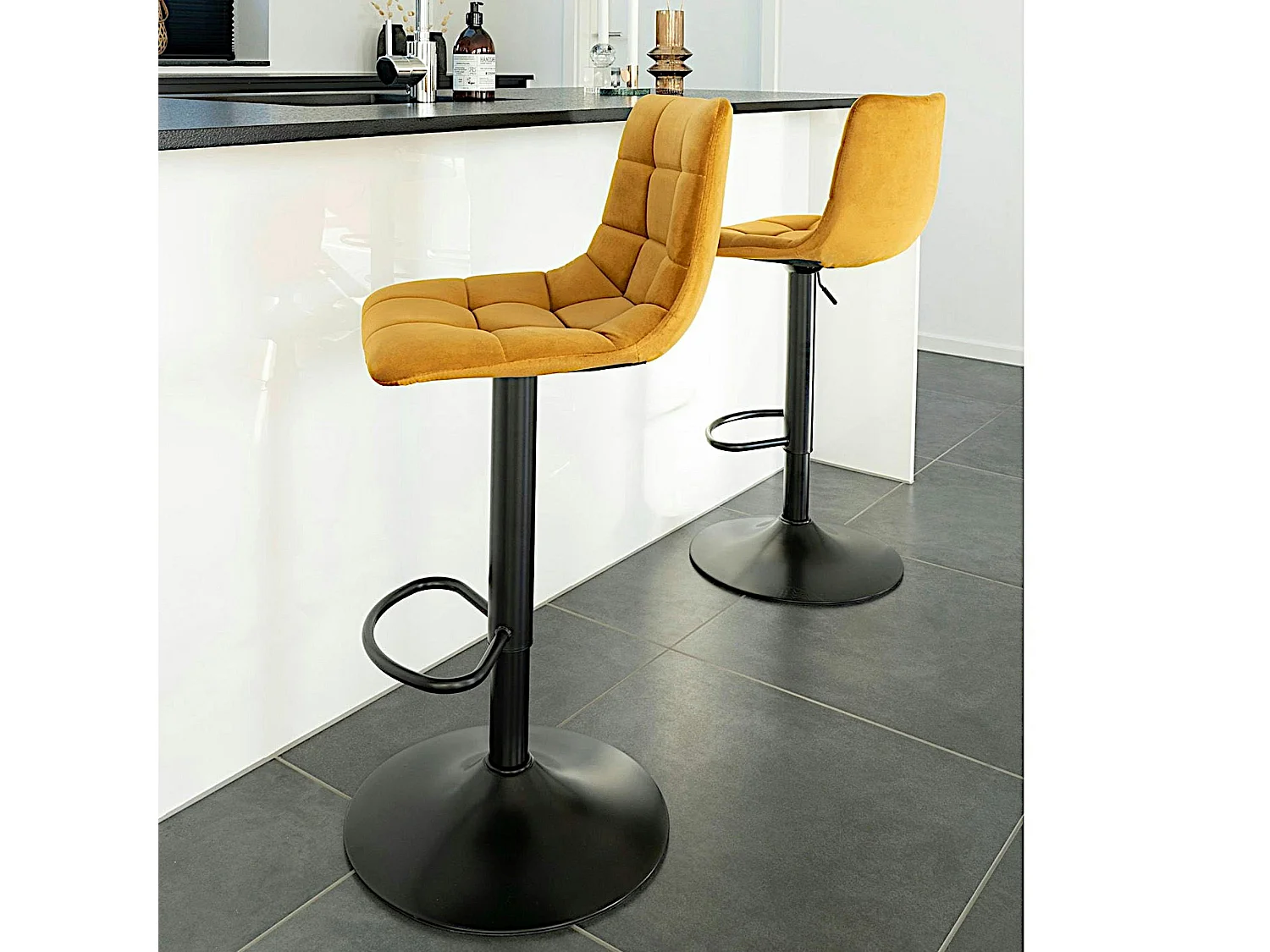 Tabouret de bar réglable en hauteur et pivotant, velours moutarde (lot de 2) SAVONE