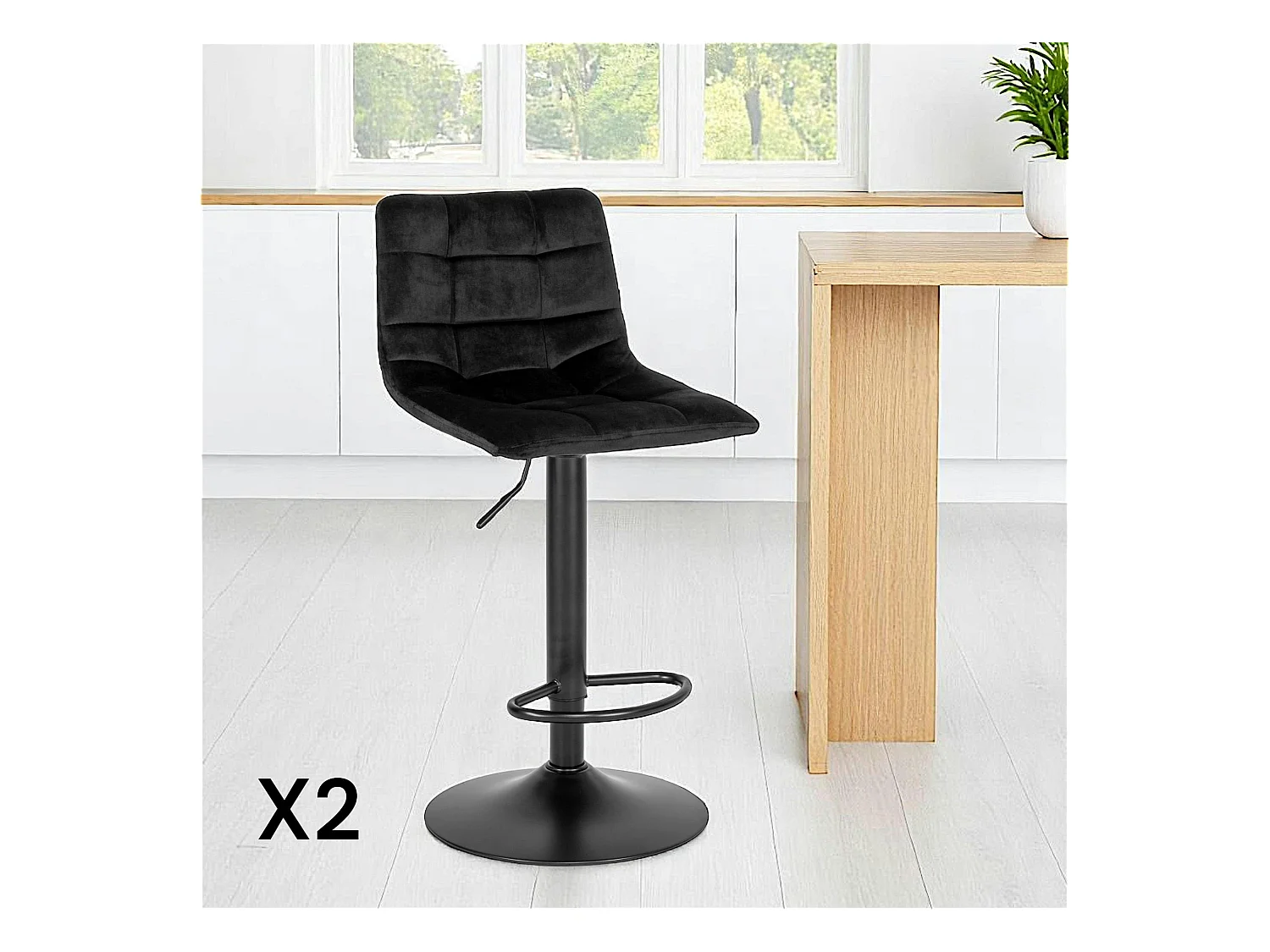 Tabouret de bar noir velours, réglable en hauteur et pivotant (lot de 2) SAVONE