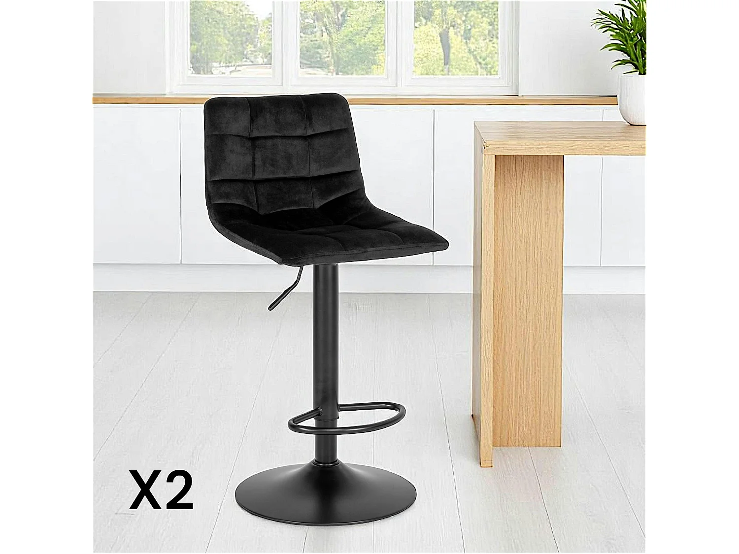 Tabouret de bar noir velours, réglable en hauteur et pivotant (lot de 2) SAVONE