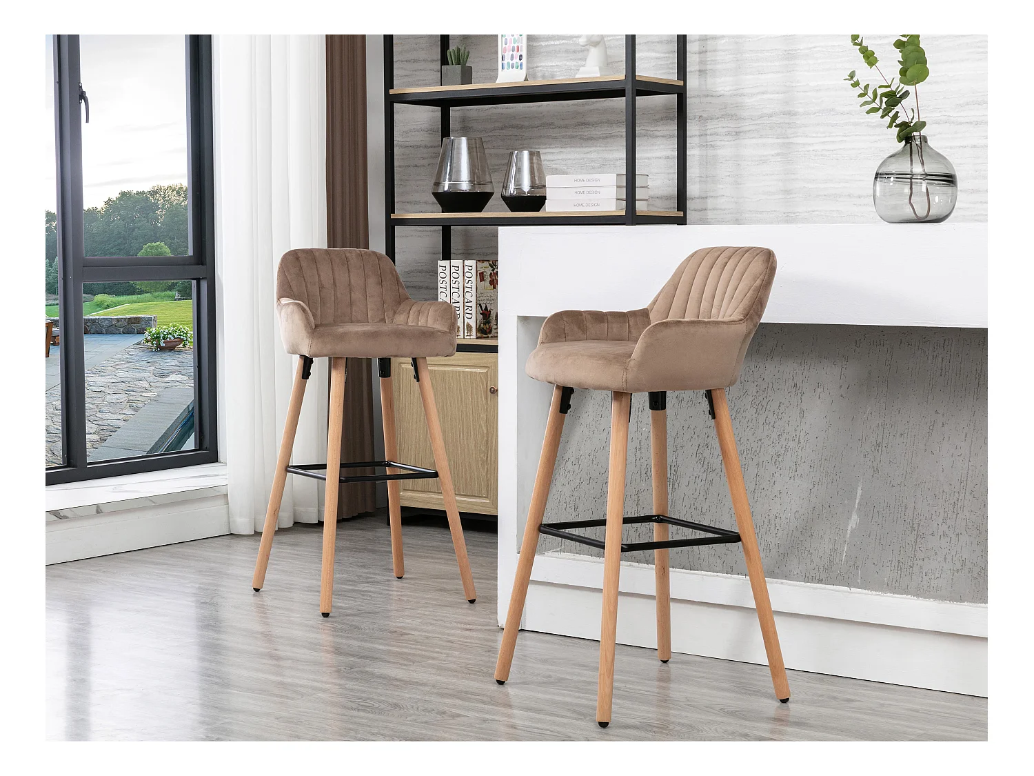 Lot de 2 tabourets de bar en velours et pieds bois de hêtre - Beige - ELEANA
