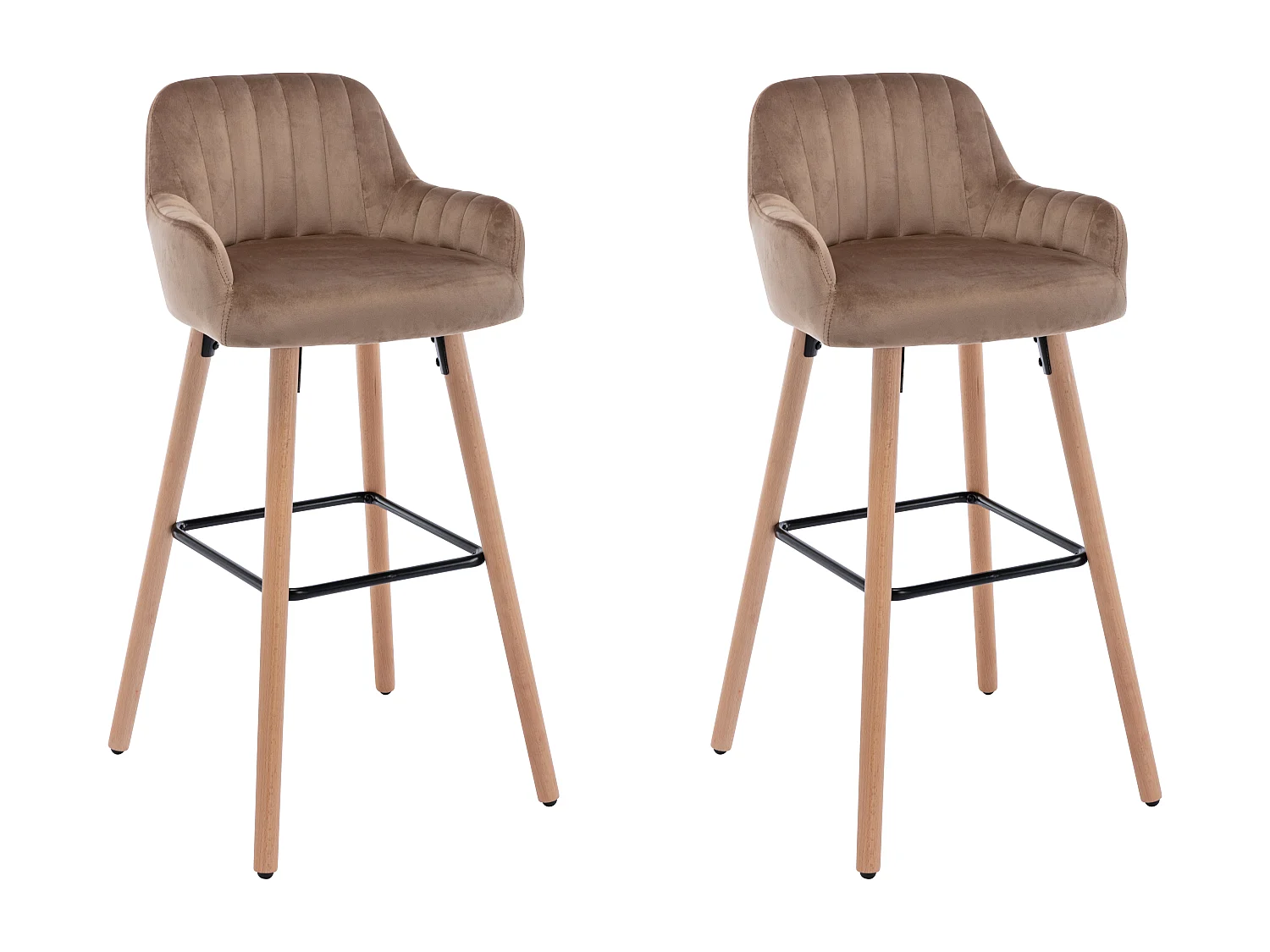 Lot de 2 tabourets de bar en velours et pieds bois de hêtre - Beige - ELEANA
